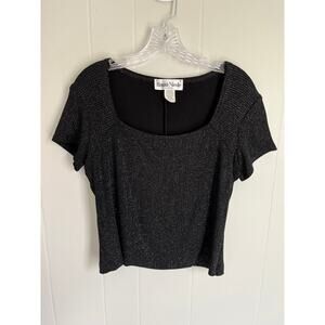 Vintage 90s‎ Y2K Black Metallic Baby Tee Medium Stretchy Square Neckline Cyber